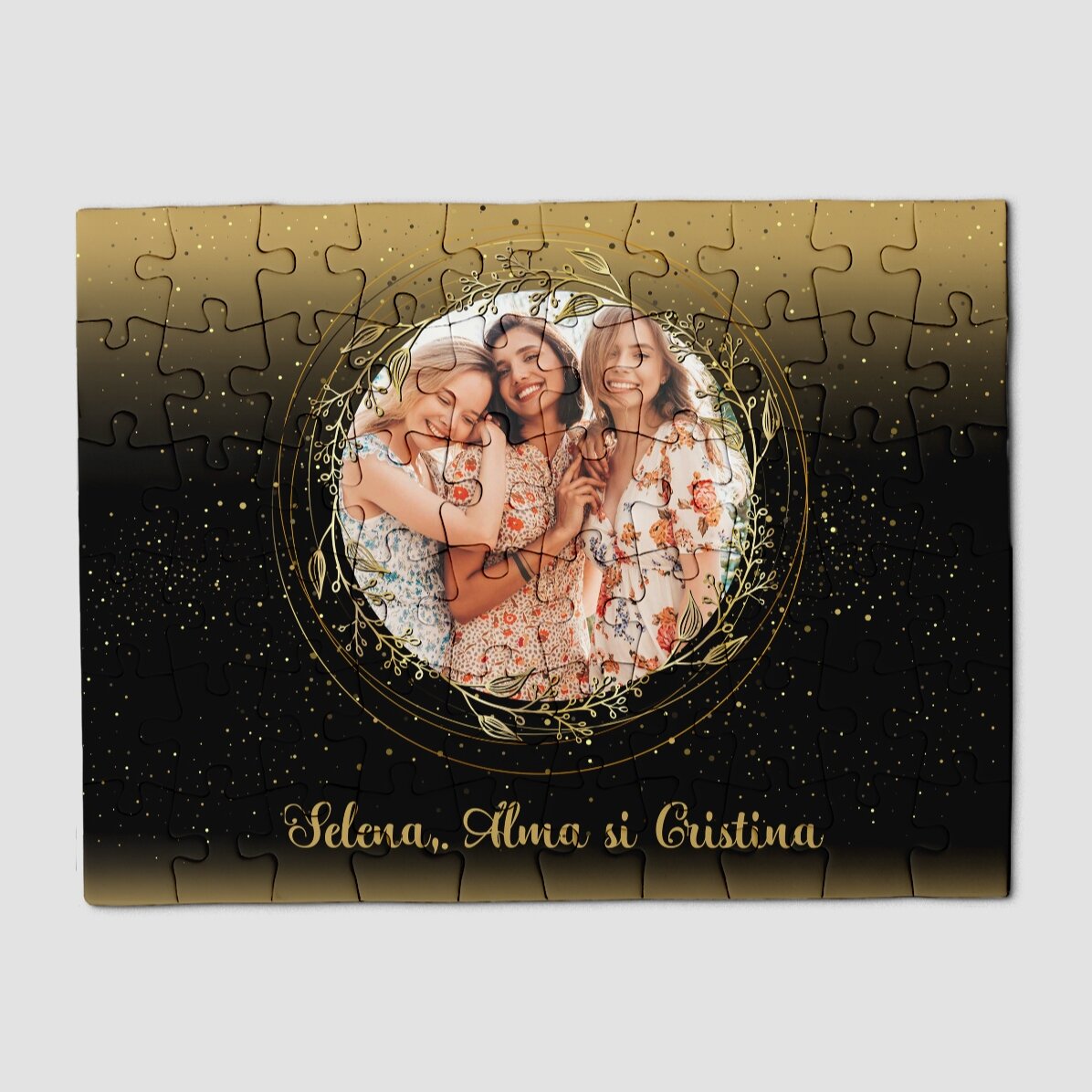 Puzzle personnalisé avec une photo et un texte, 20 x 15 cm - Cadre doré