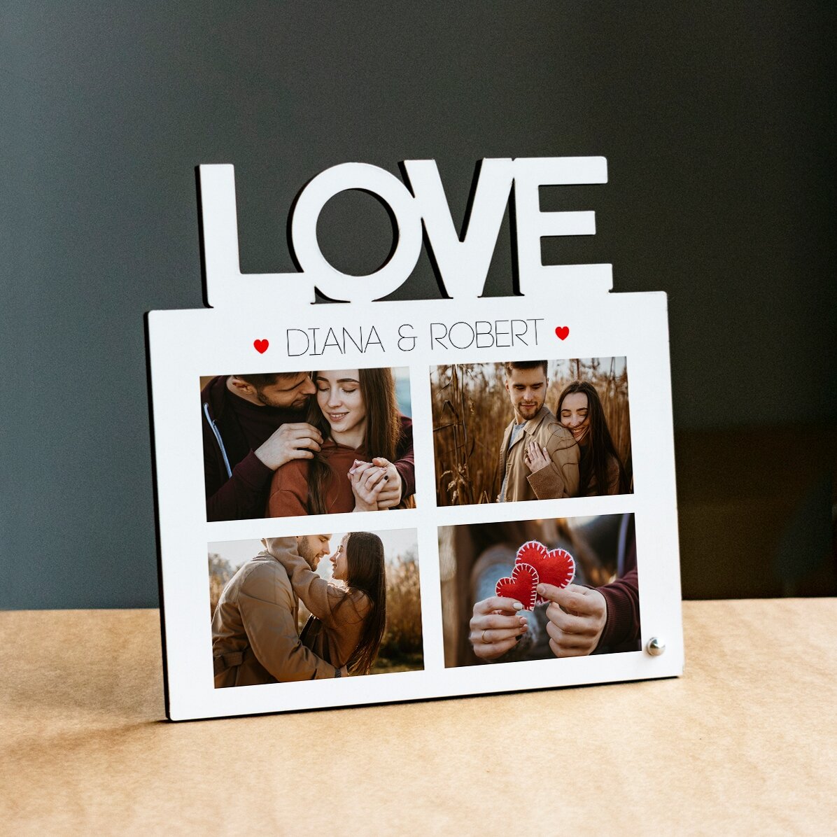 Cadre photo de bureau personnalisé avec 4 photos et un texte - modèle LOVE