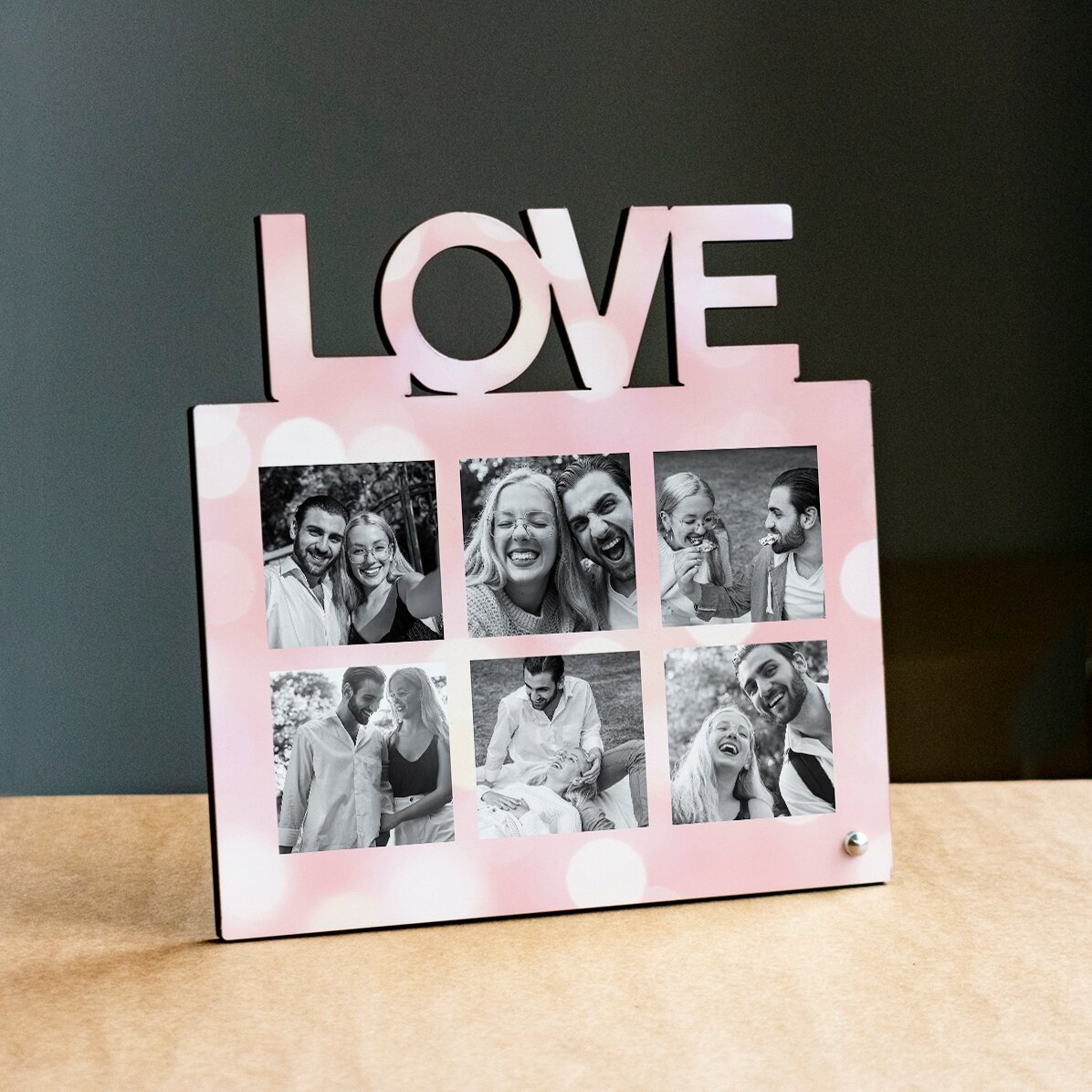 Gepersonaliseerde fotolijst voor op het bureau met 6 foto’s – model LOVE