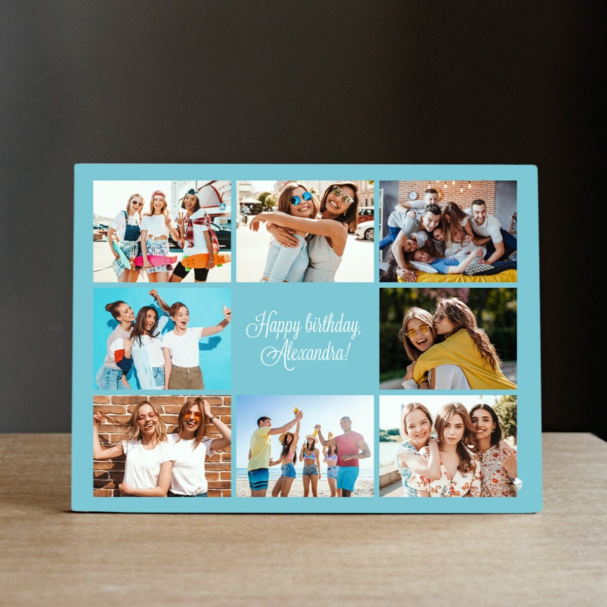 Gepersonaliseerde fotolijst voor op het bureau met 8 foto’s en tekst - Happily Ever After