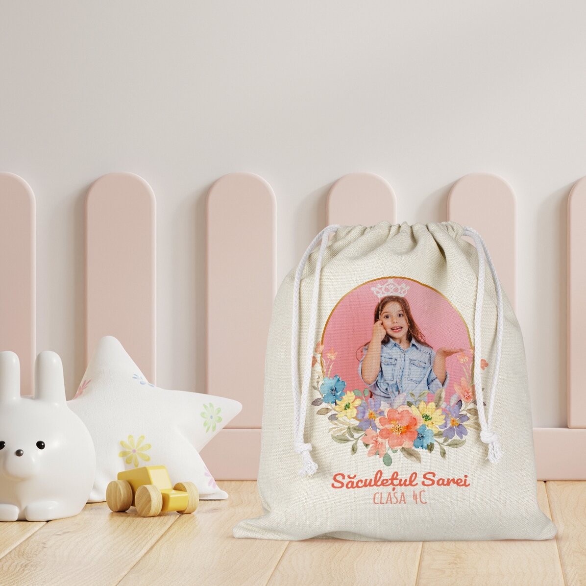 Sac pour la maternelle personnalisé avec un texte et une photo - Flowers