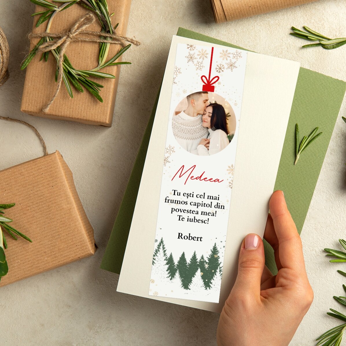 Gepersonaliseerde boekenlegger met tekst en foto - Kerstbal