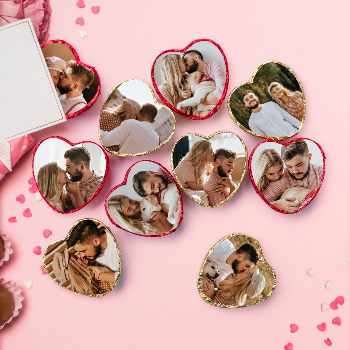 Set van 10 gepersonaliseerde mini-hartjeschocolade met foto