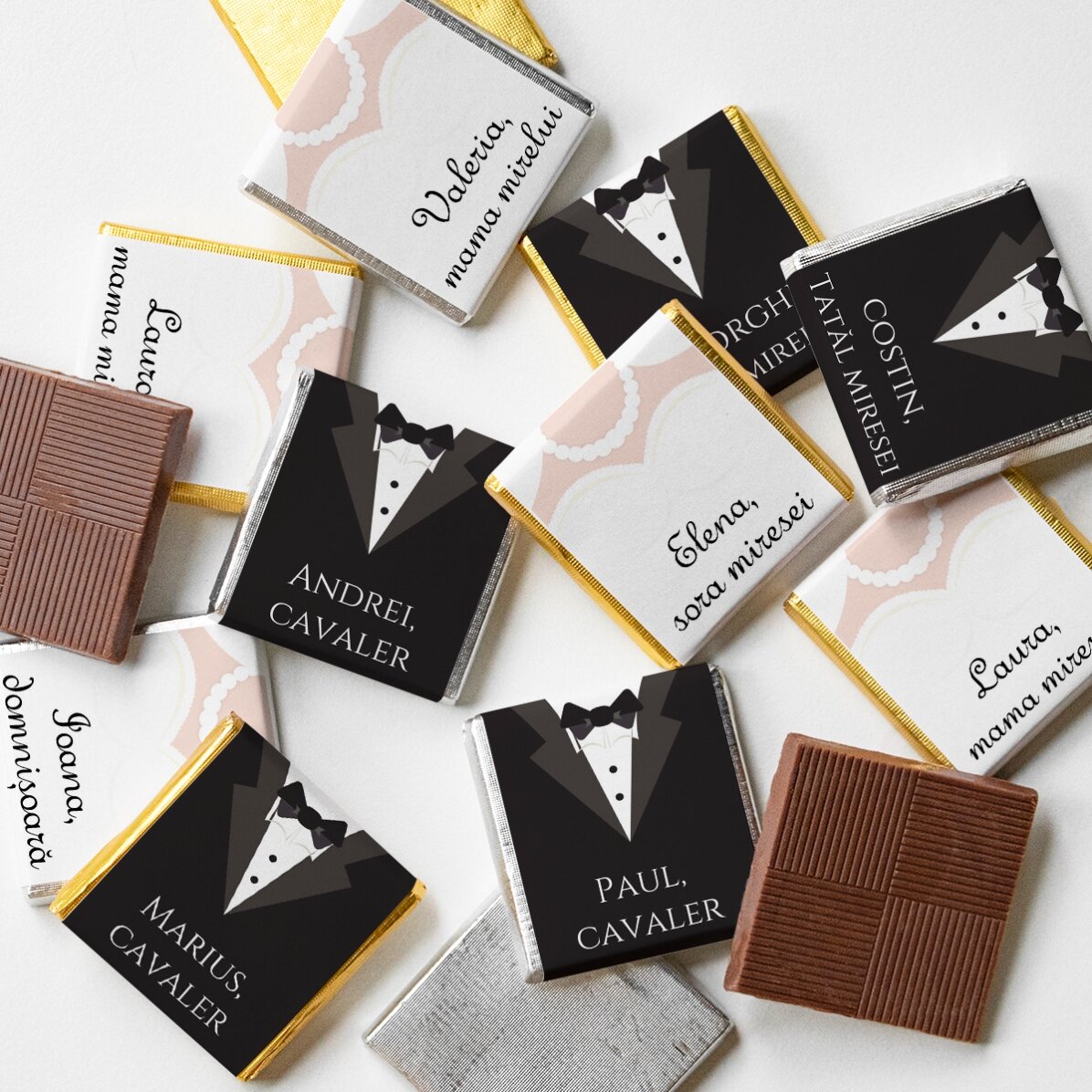 Set van 10 gepersonaliseerde minichocolade met tekst - Mr and Mrs