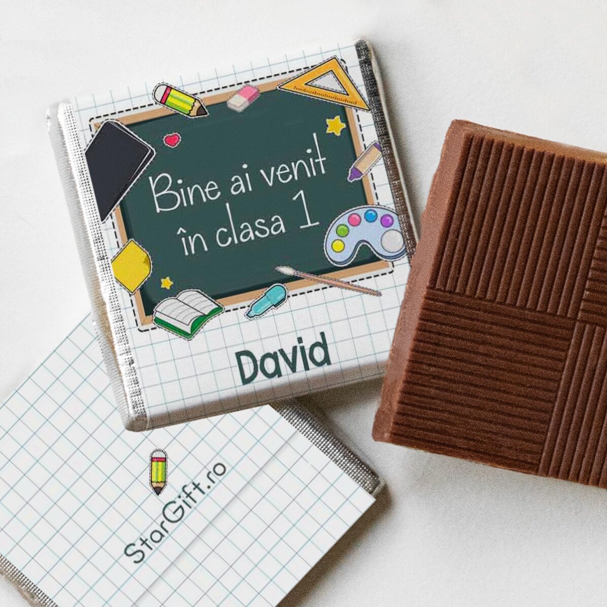 Set van 10 gepersonaliseerde minichocolade met tekst voor het begin van het schooljaar