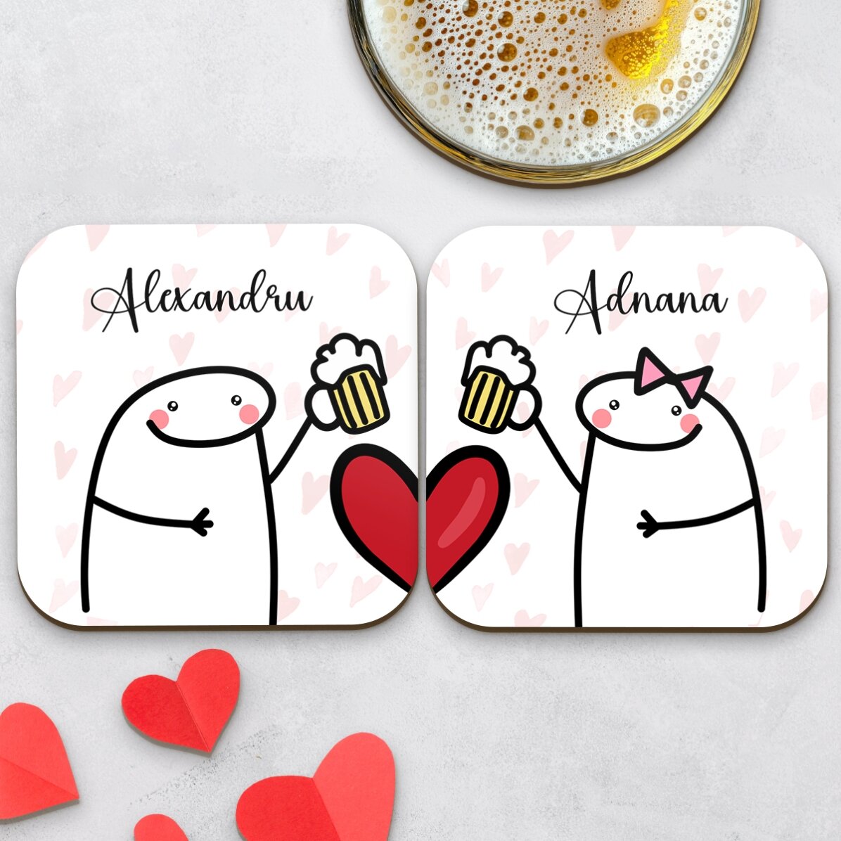 Set van 2 gepersonaliseerde onderzetters met tekst - Cute love