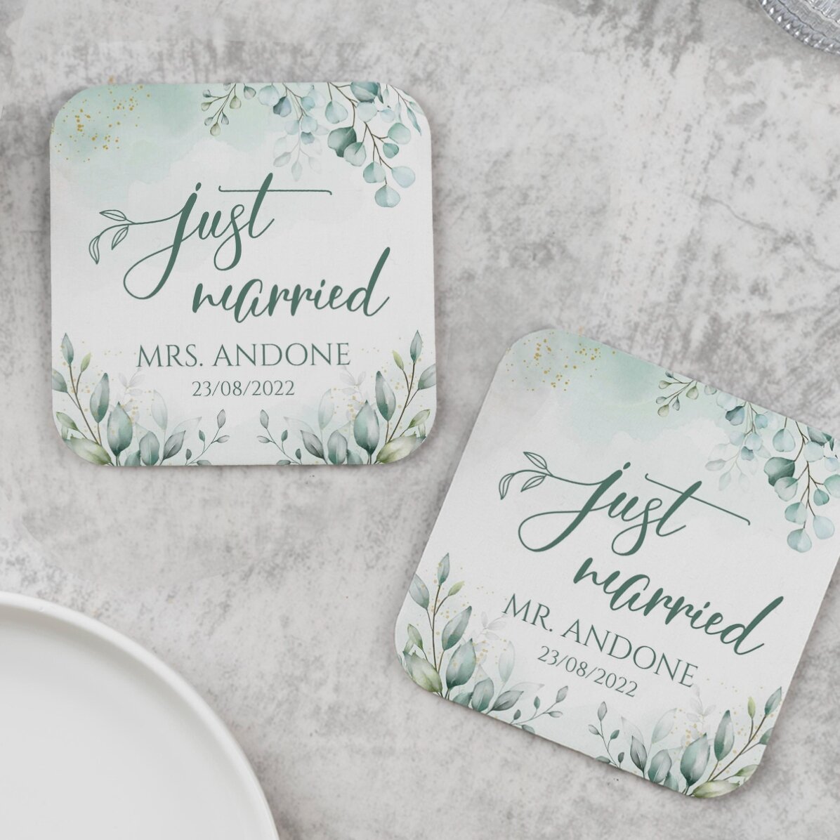 Set van 2 gepersonaliseerde glasonderzetters met tekst - Just Married Elegance