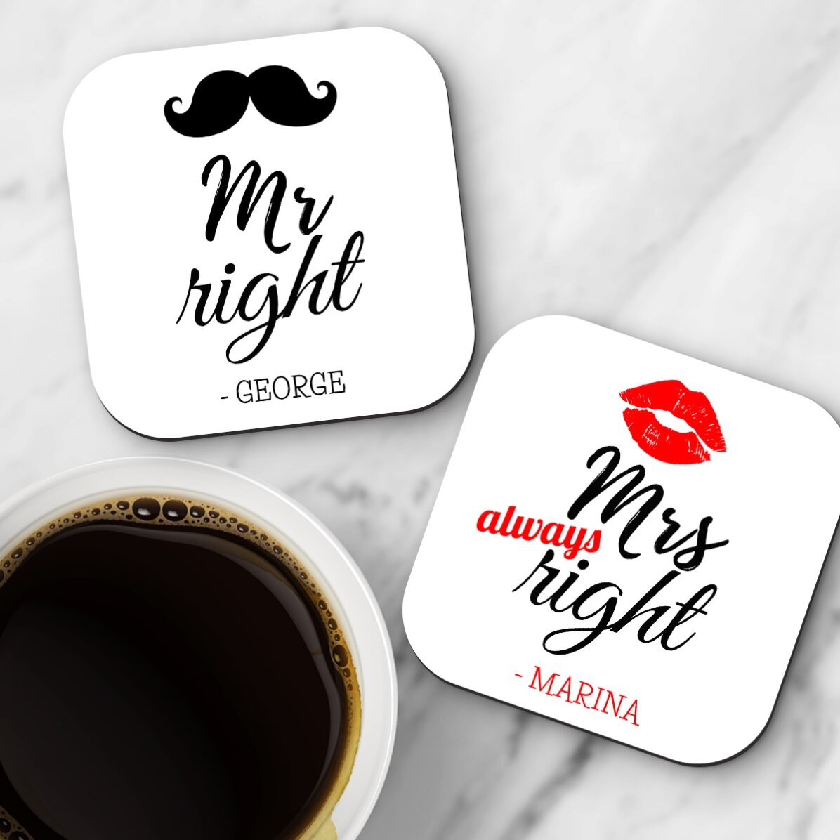 Lot de 2 sous-verres personnalisés avec un texte - Mr and Mrs Right