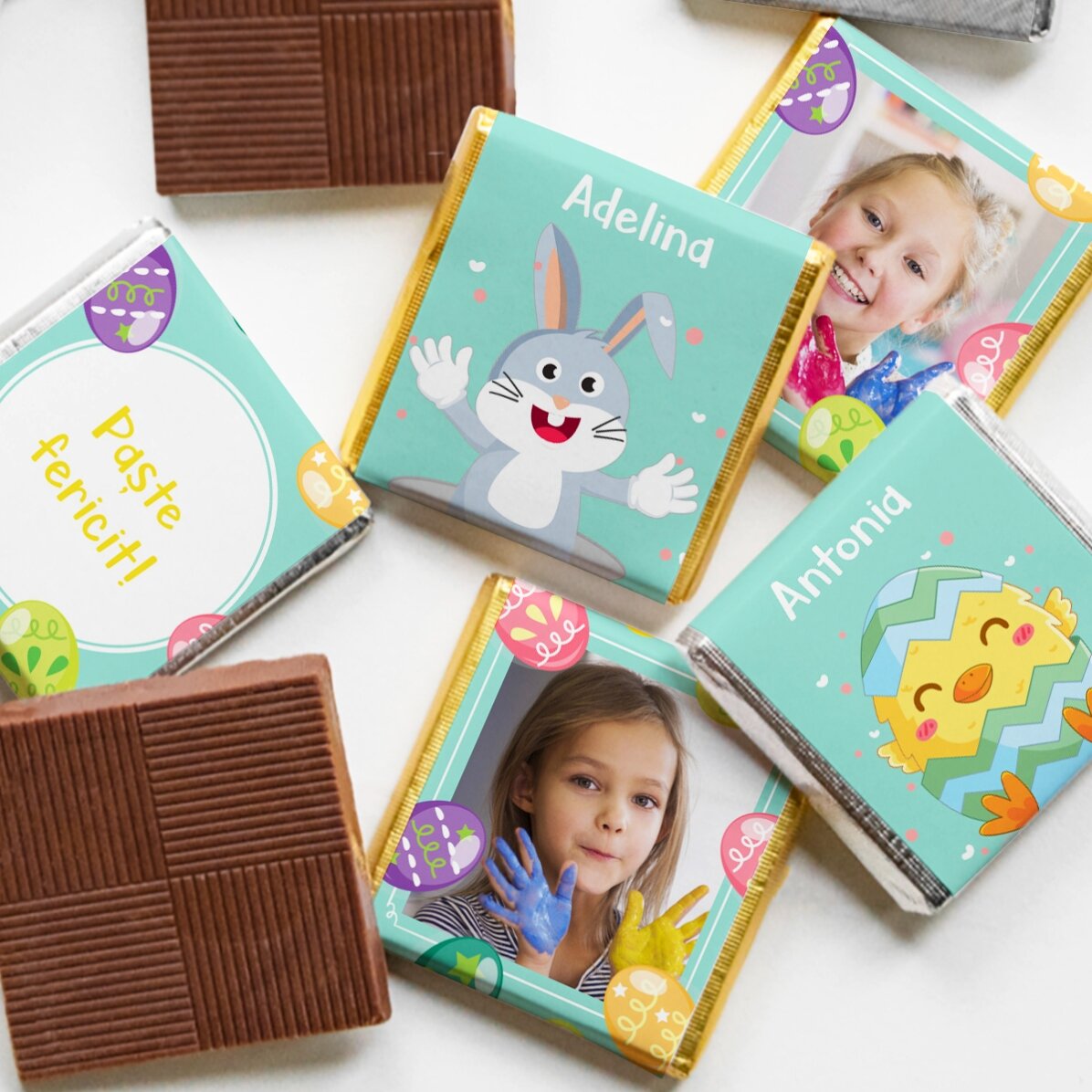 Set van 5 gepersonaliseerde minichocolade met foto’s en tekst - Pasen