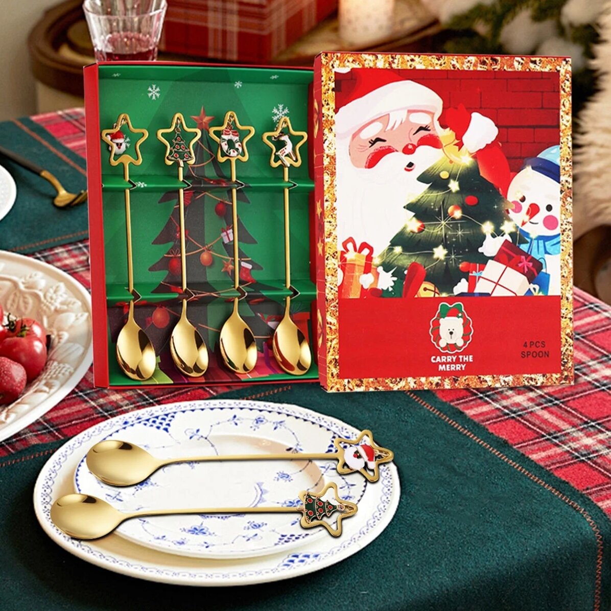 Cadeauset met 4 gouden kerstlepeltjes