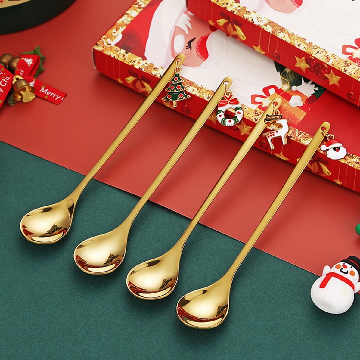 Cadeauset met 4 gouden kerstlepeltjes