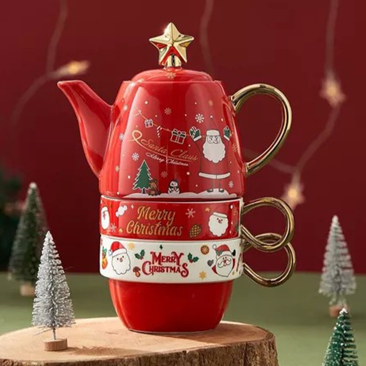 Kerstcadeauset met 2 mokken en een theepot