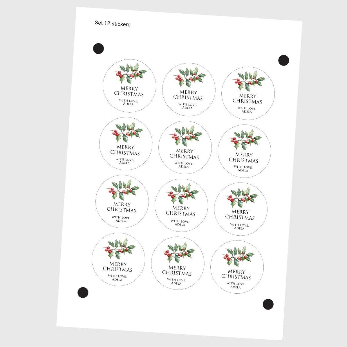 Set van 12 ronde stickers (zelfklevende etiketten) met een diameter van 5 cm, gepersonaliseerd met e