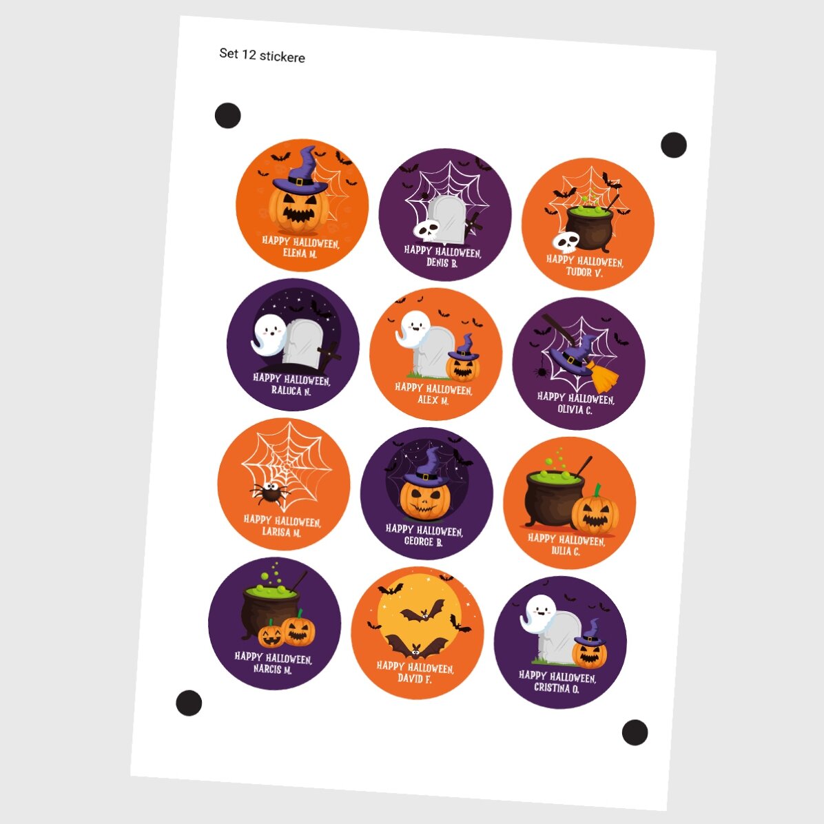 Set van 12 ronde, gepersonaliseerde stickers (zelfklevende etiketten) met tekst - Halloween