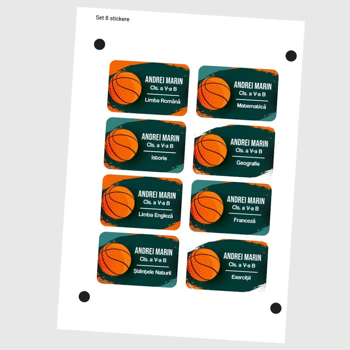 Set van 8 gepersonaliseerde stickers (zelfklevende etiketten) voor school - Basketbal