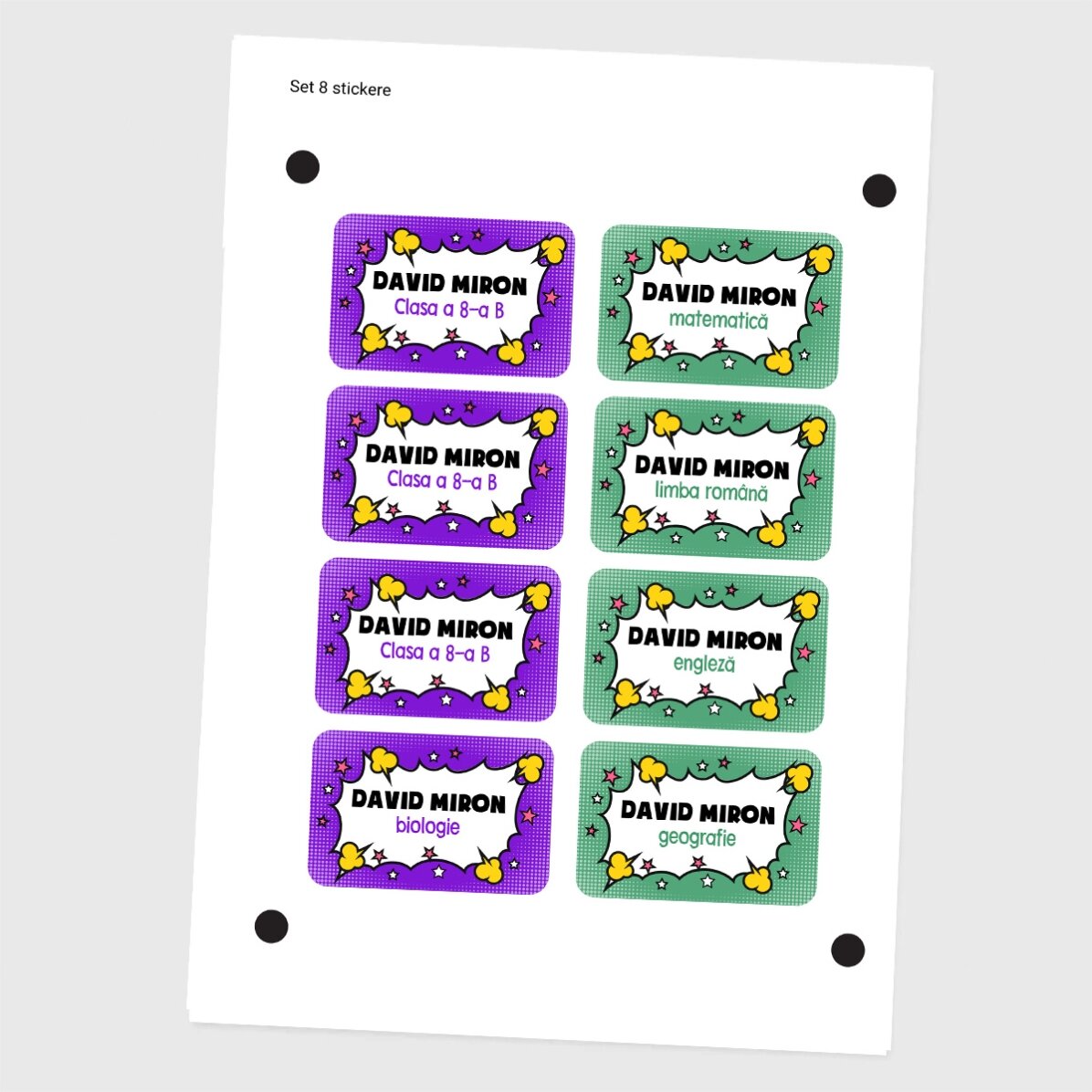 Set van 8 gepersonaliseerde stickers (zelfklevende etiketten) voor school - Comics