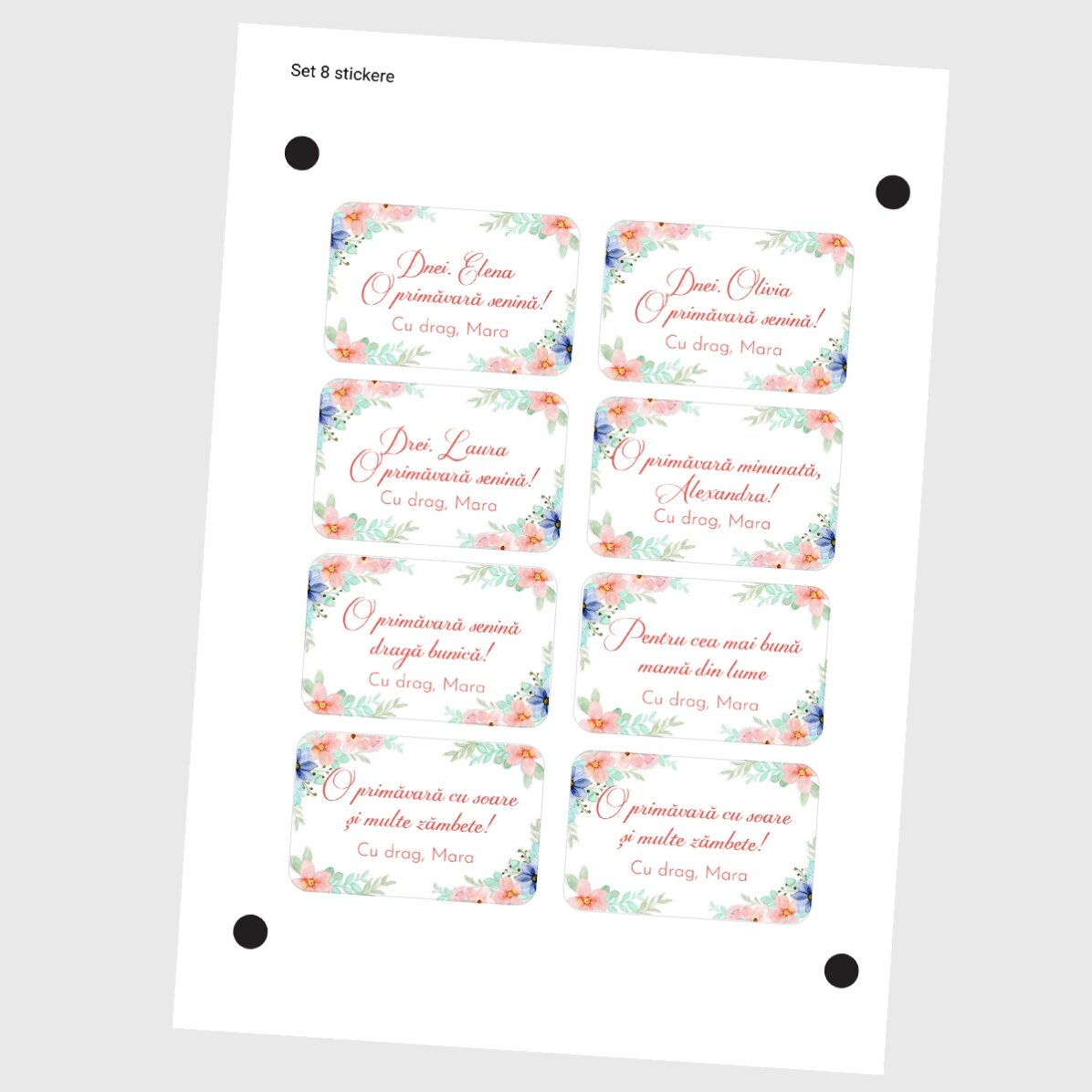 Set van 8 gepersonaliseerde stickers (zelfklevende etiketten) met teksten - Bloemenmotief