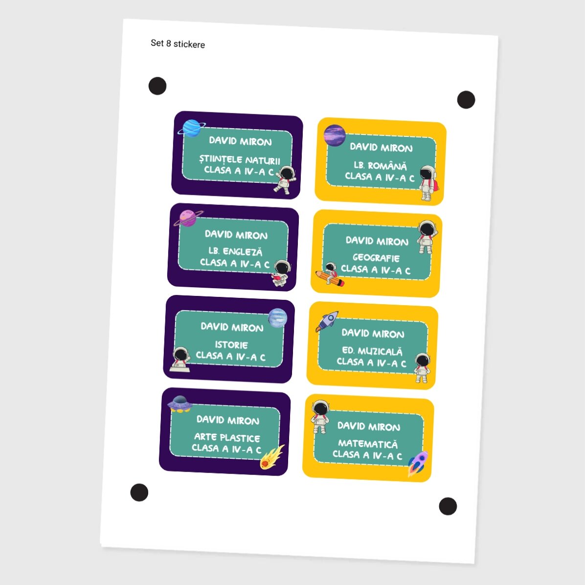 Set van 8 gepersonaliseerde stickers (zelfklevende etiketten) voor school - Cosmos