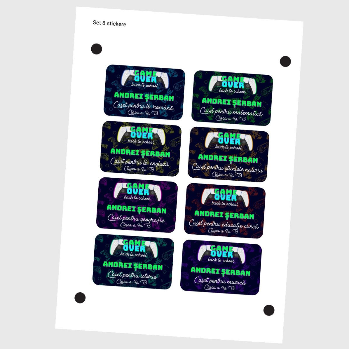 Set van 8 gepersonaliseerde stickers (zelfklevende etiketten) voor school met de tekst - Game Over