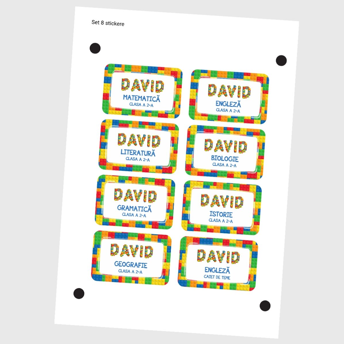 Set van 8 gepersonaliseerde stickers (zelfklevende etiketten) voor school met tekst - Lego