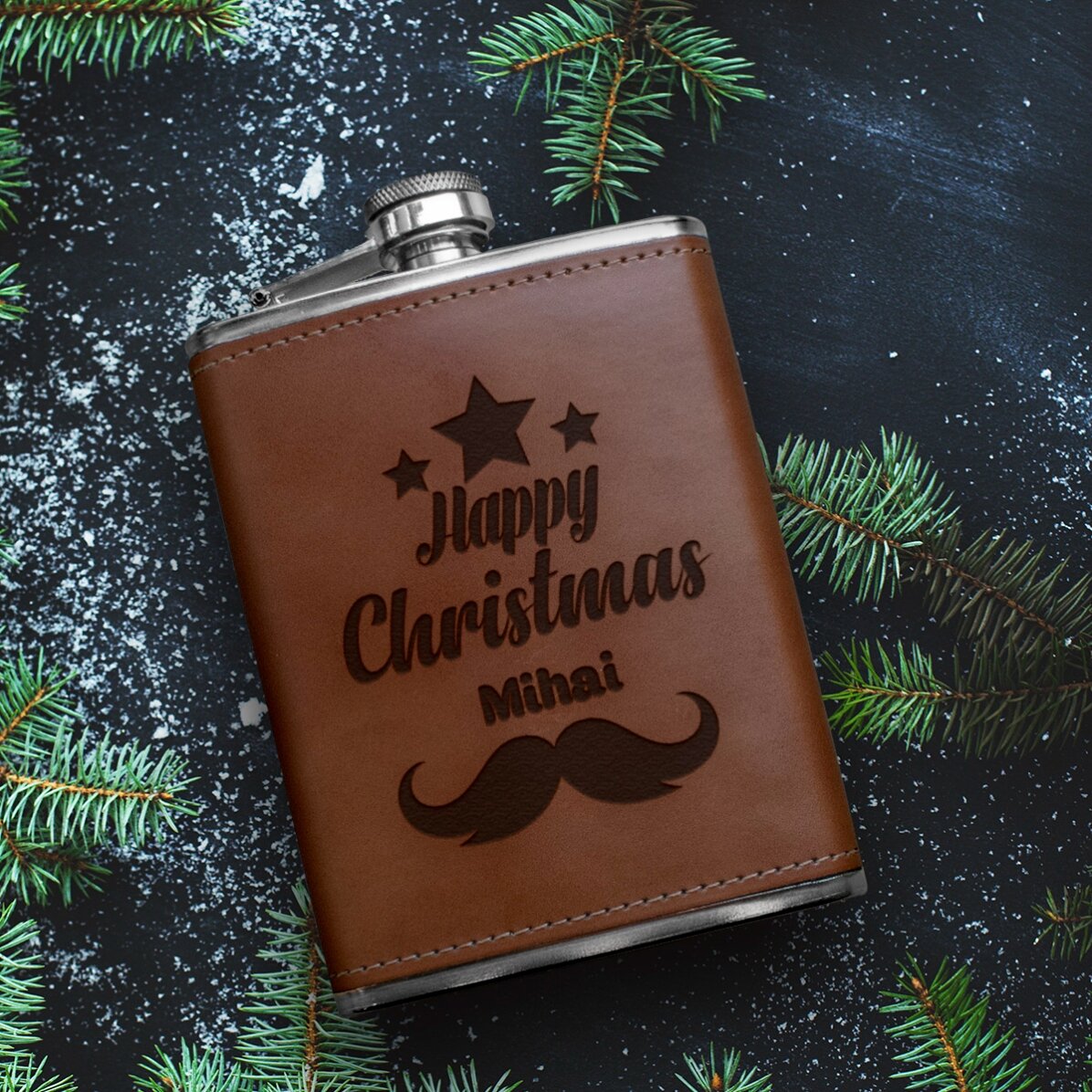 Gepersonaliseerde zakfles met lederen hoes - Happy Christmas