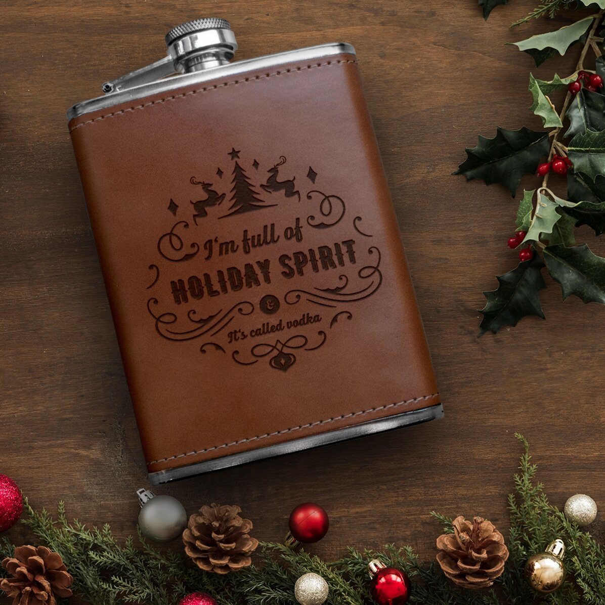 Gepersonaliseerde zakfles met lederen hoes - Holiday Spirit