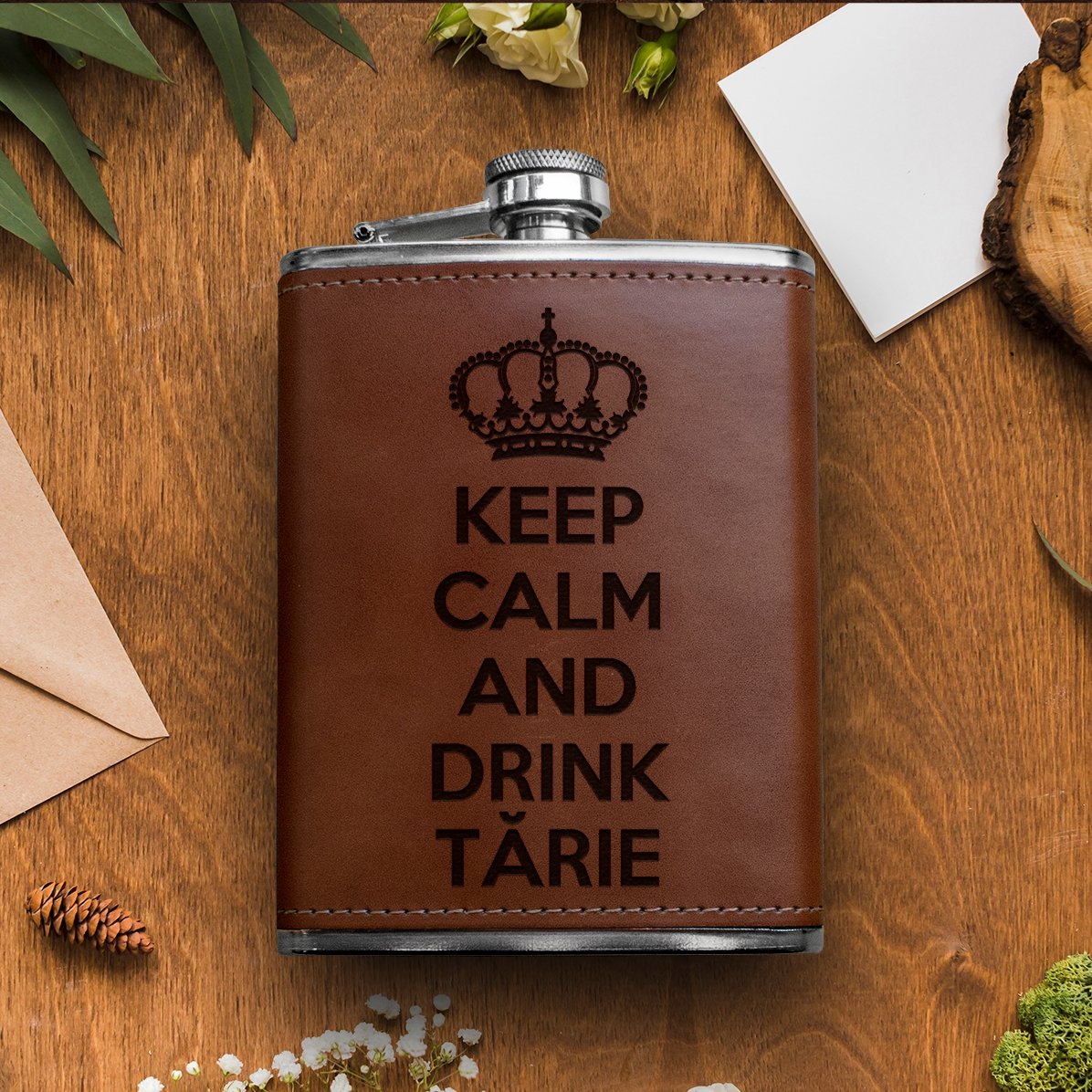 Gepersonaliseerde, met leer beklede zakfles - Keep Calm