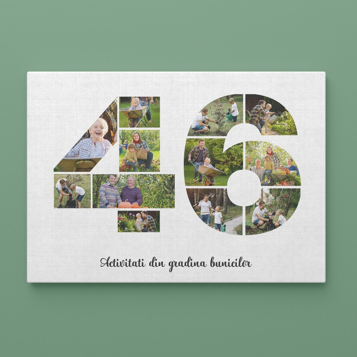 Gepersonaliseerd landschapsschilderij met 12 foto’s, model nummer 46 en tekstbericht