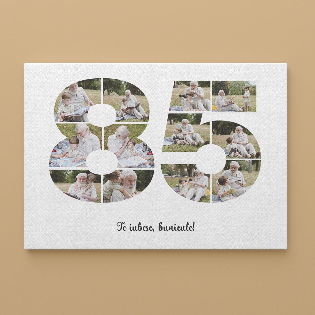 Gepersonaliseerd landschapsschilderij met 12 foto’s, model nummer 85 en tekstbericht
