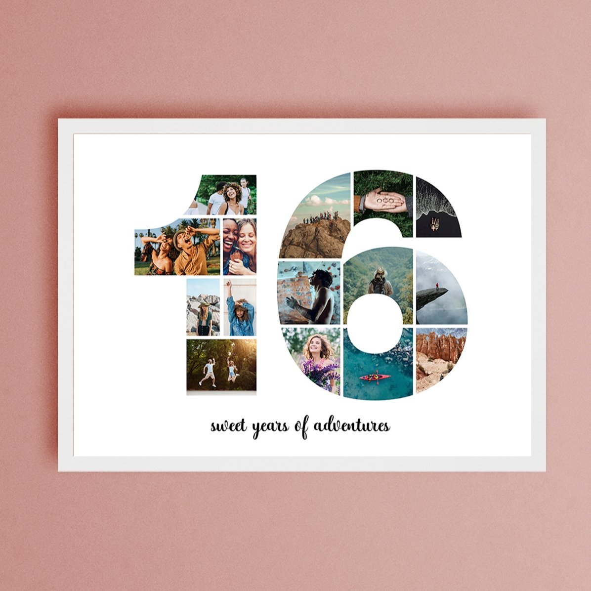 Gepersonaliseerd landschapsschilderij met 15 foto’s, model nr. 16 en tekstbericht