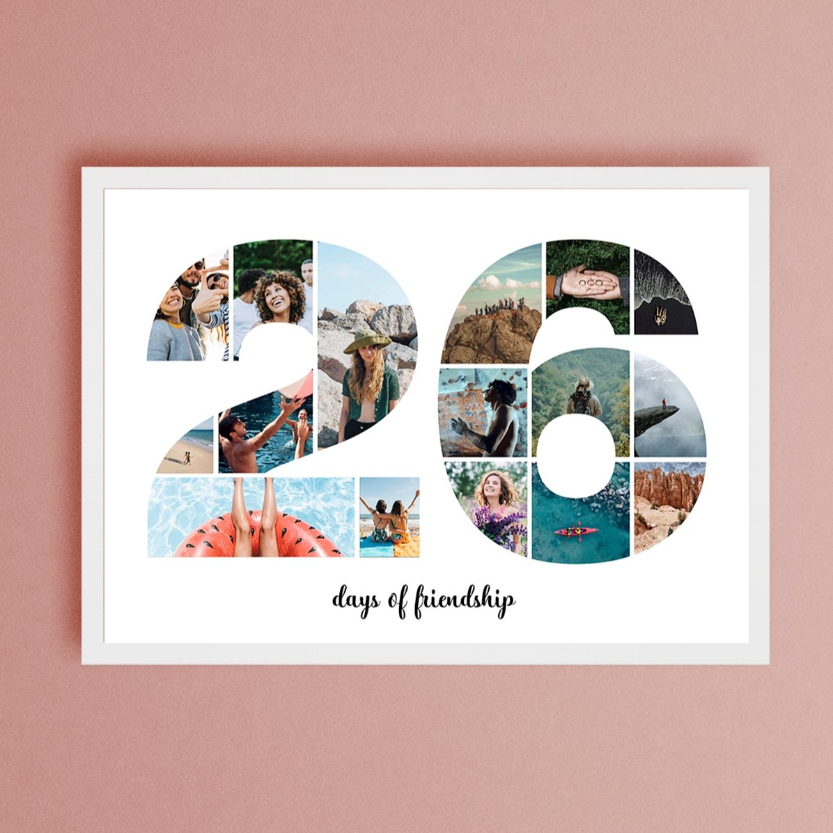 Gepersonaliseerd landschapsschilderij met 16 foto’s, model nr. 26 en tekstbericht