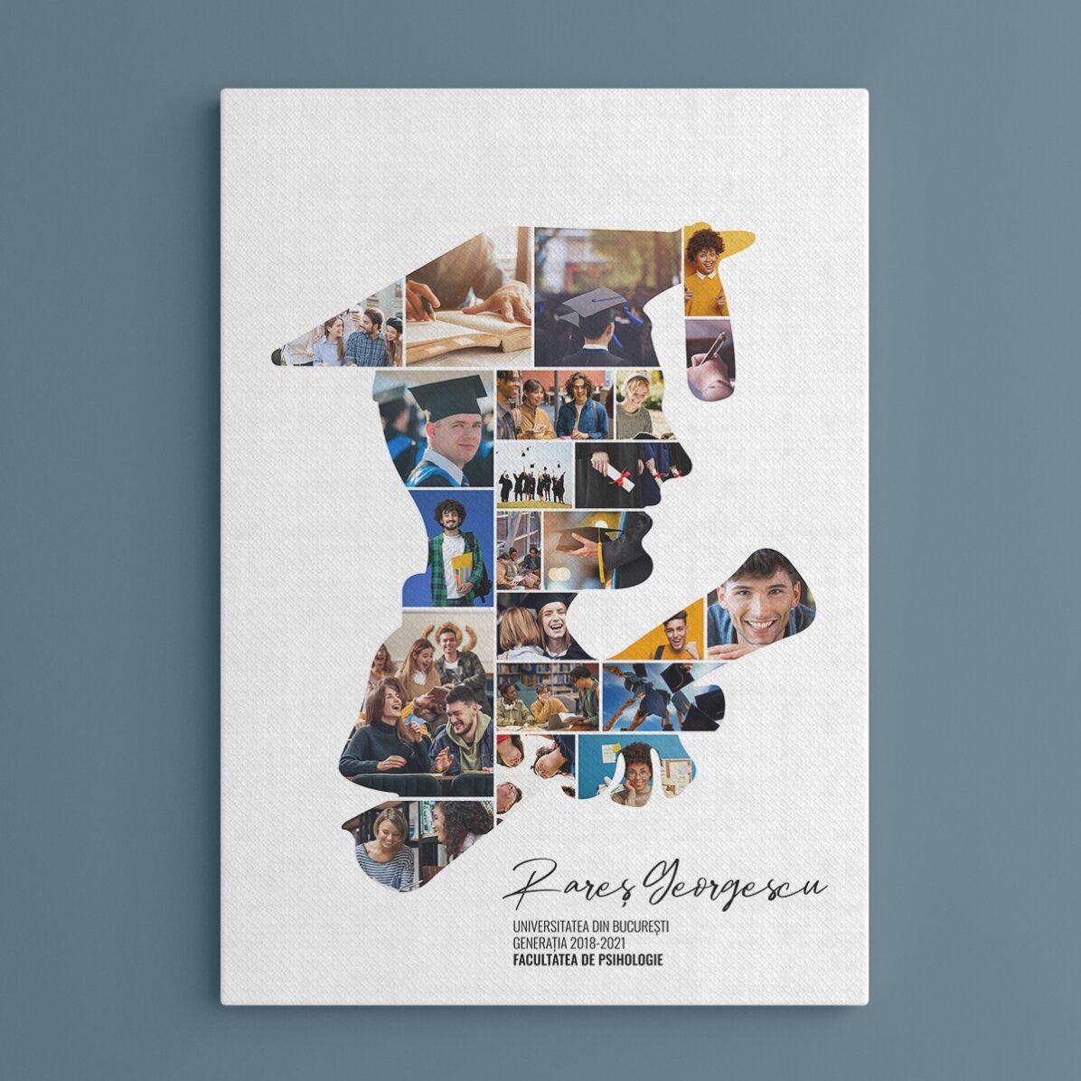 Gepersonaliseerd schilderij met tekst en 22 foto’s ter gelegenheid van het afstuderen - Hij