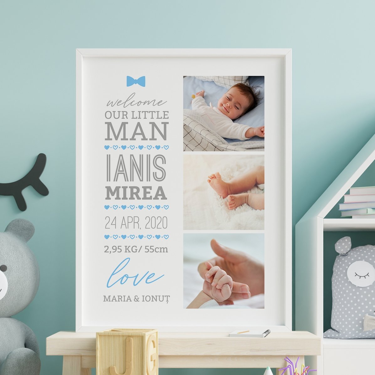 Tableau personnalisé avec un texte et 3 photos - Hello, baby (Garçon)