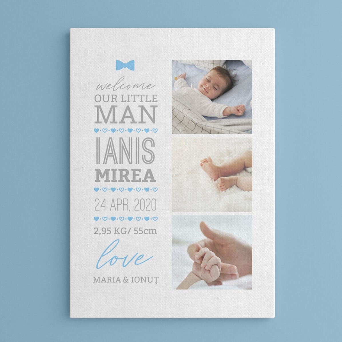 Tableau personnalisé avec un texte et 3 photos - Hello, baby (Garçon)