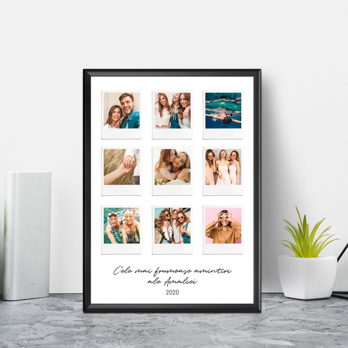 Gepersonaliseerd schilderij met tekst en 9 foto’s in Polaroid-stijl – De mooiste momenten