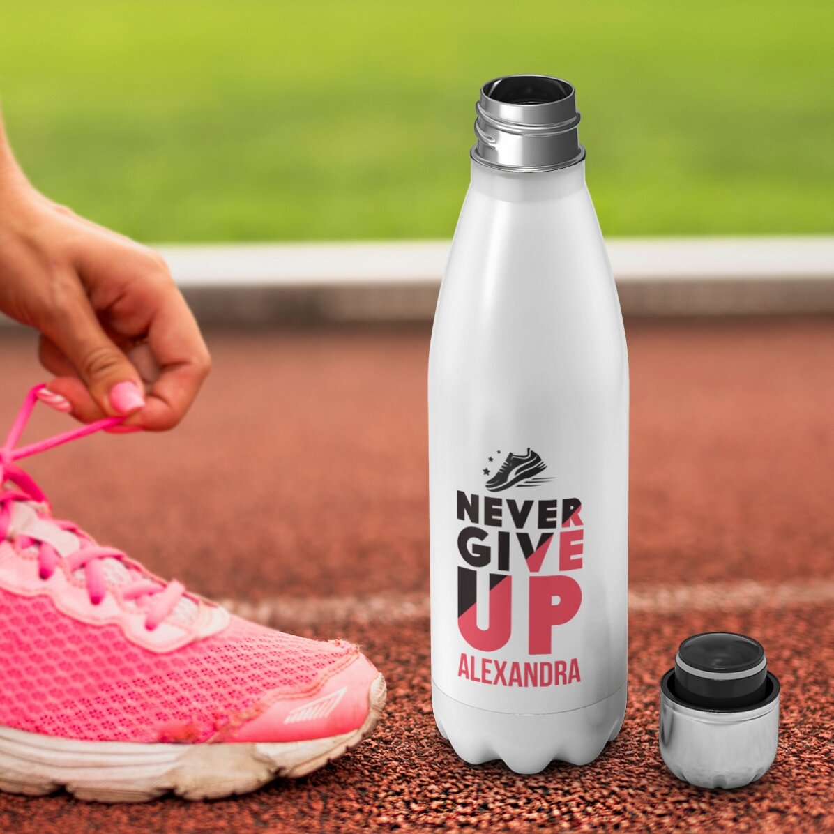 Thermos à base blanche personnalisé avec un prénom - Never give up