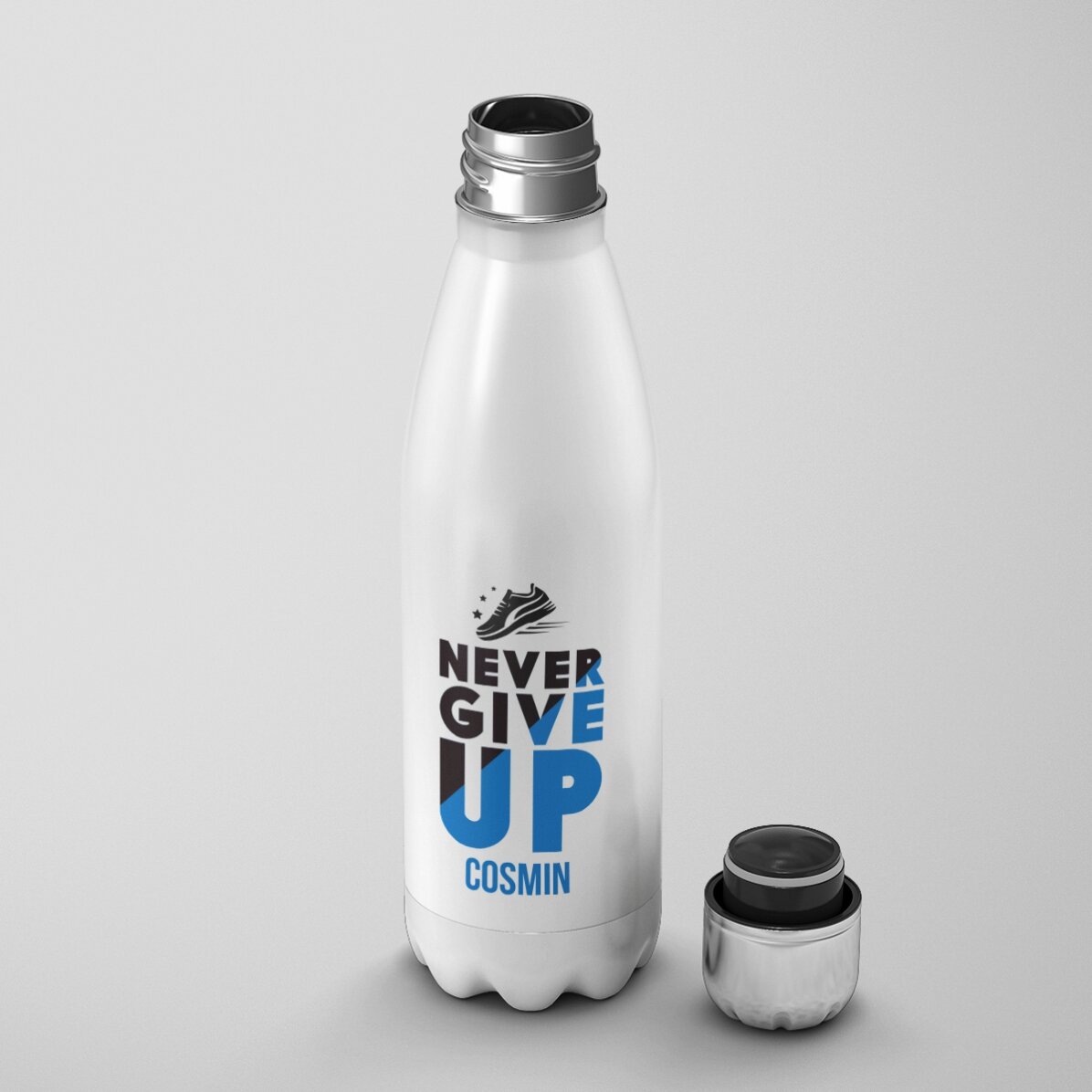 Thermos à base blanche personnalisé avec un prénom - Never give up