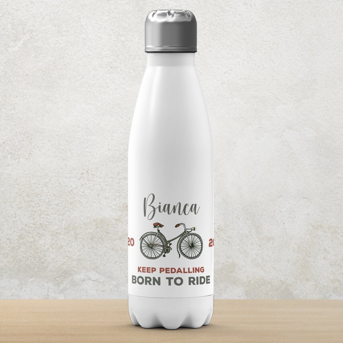 Thermosfles met witte bodem, gepersonaliseerd met naam en tekst - Fiets