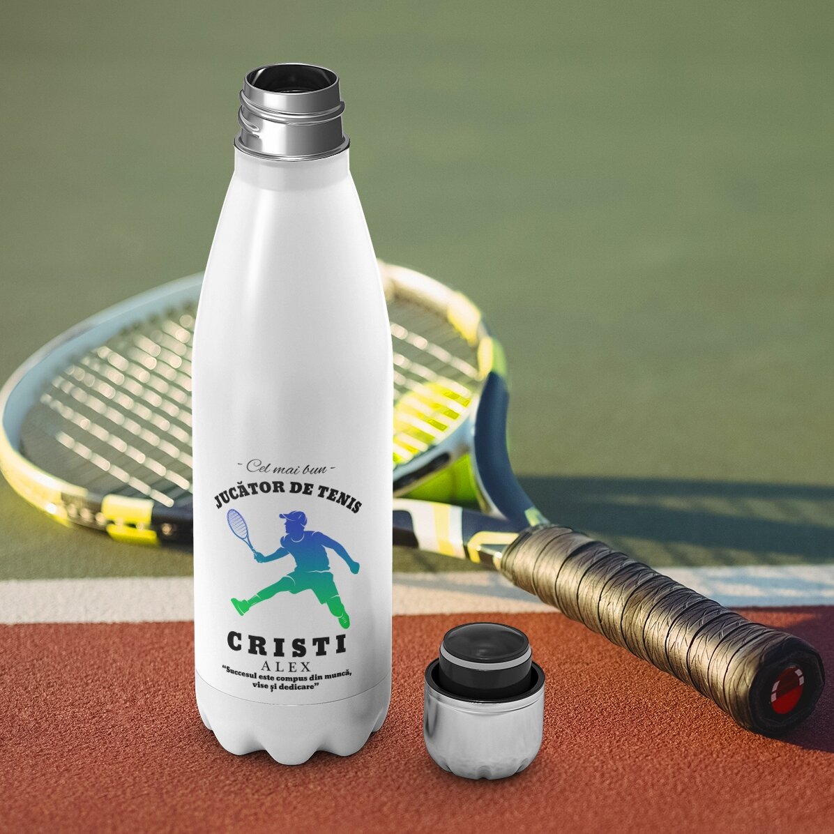Thermosfles met witte bodem, gepersonaliseerd met naam en tekst - Tennisser