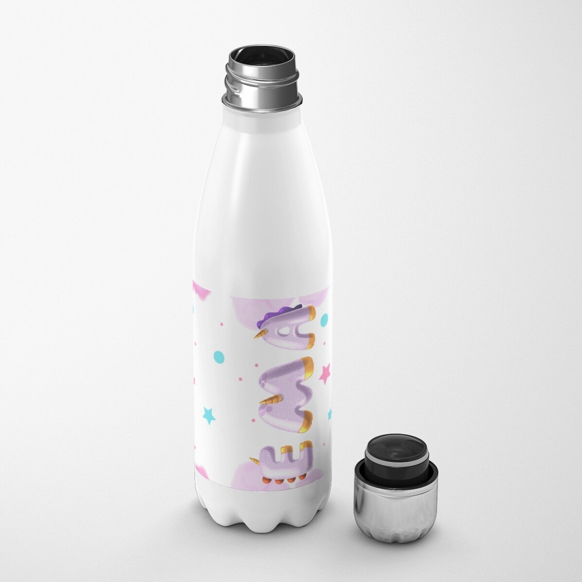 Thermos à base blanche personnalisé avec un prénom - Licorne spéciale