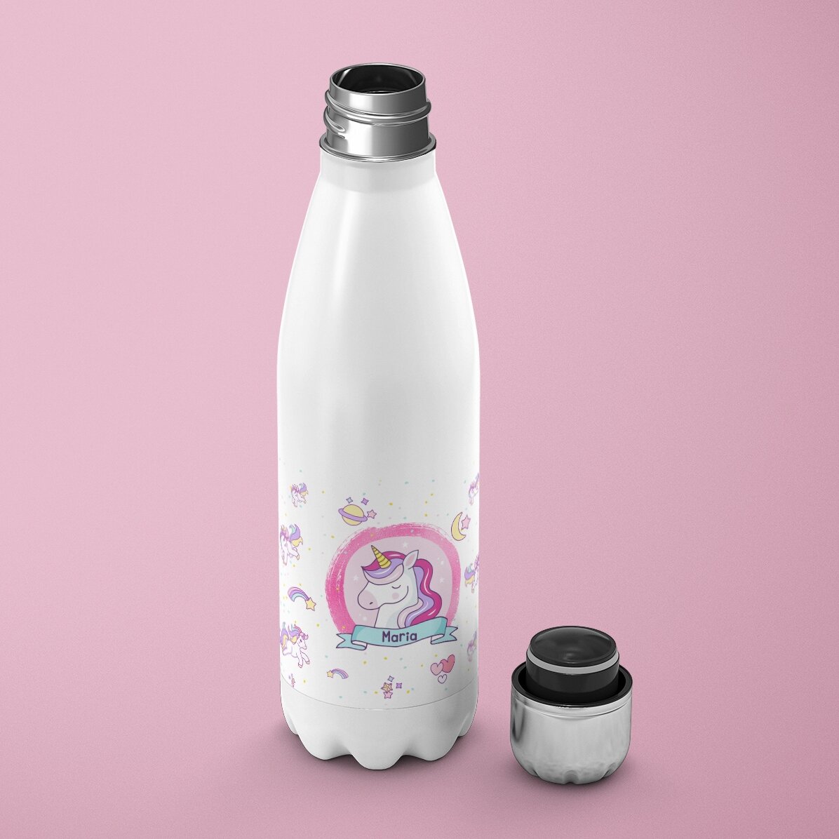 Gepersonaliseerde thermosfles met witte bodem en naam - Eenhoorns