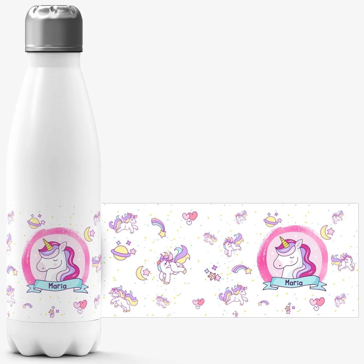 Gepersonaliseerde thermosfles met witte bodem en naam - Eenhoorns