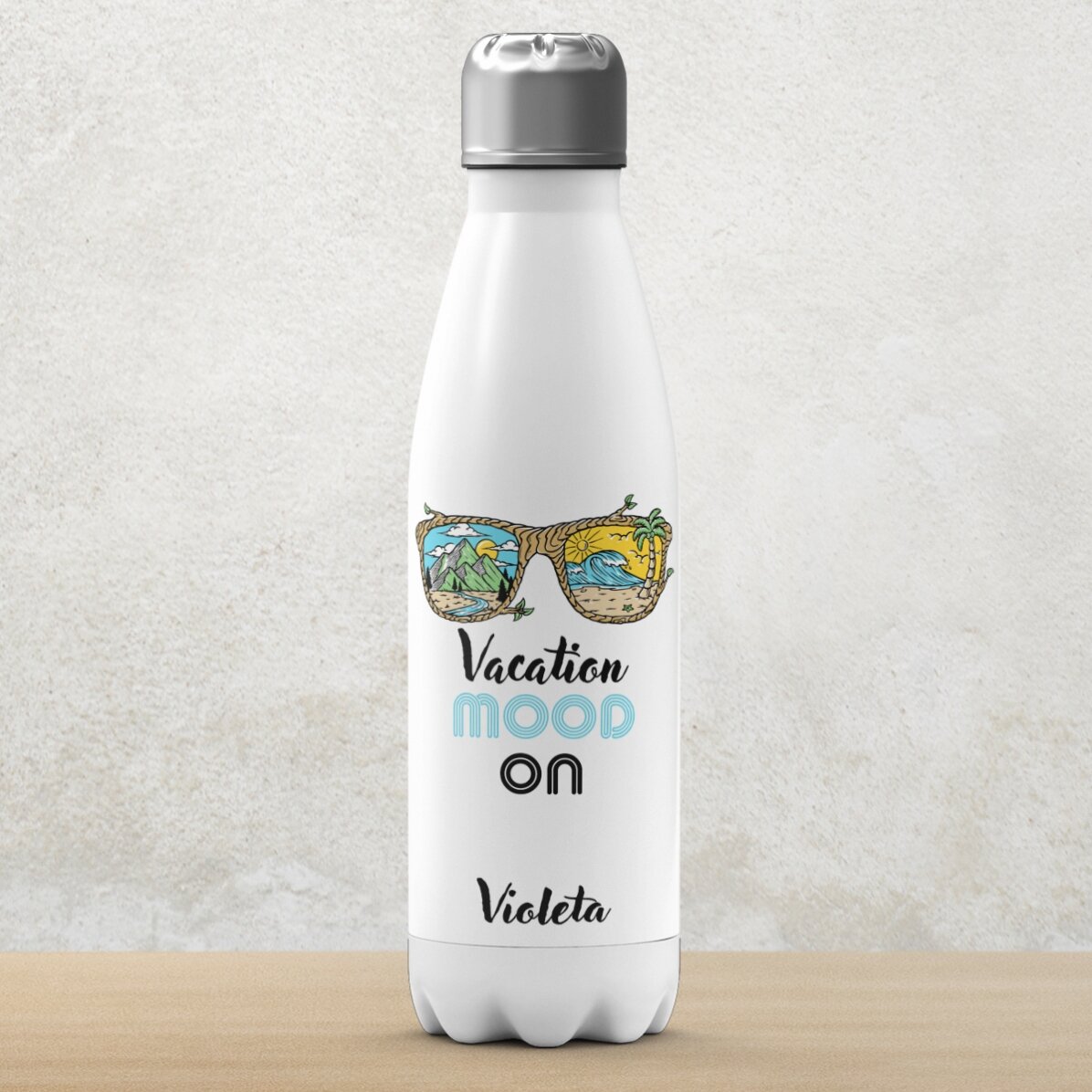 Thermosfles met witte bodem, gepersonaliseerd met naam - Vacation mood ON