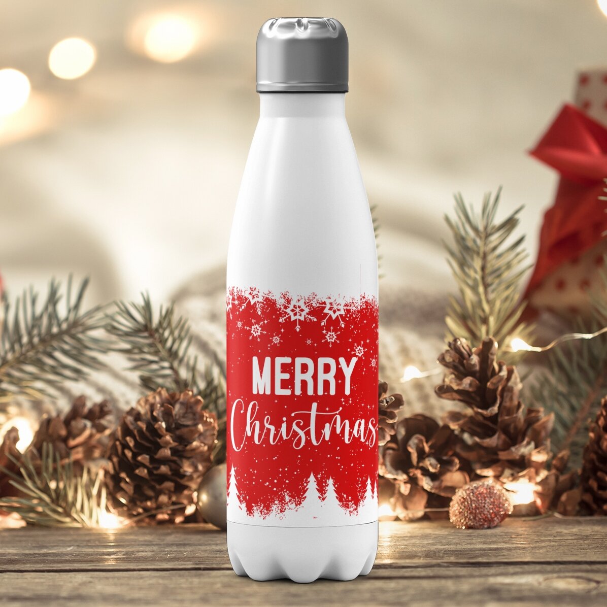 Thermosfles met witte bodem, gepersonaliseerd met naam - Winter spirit