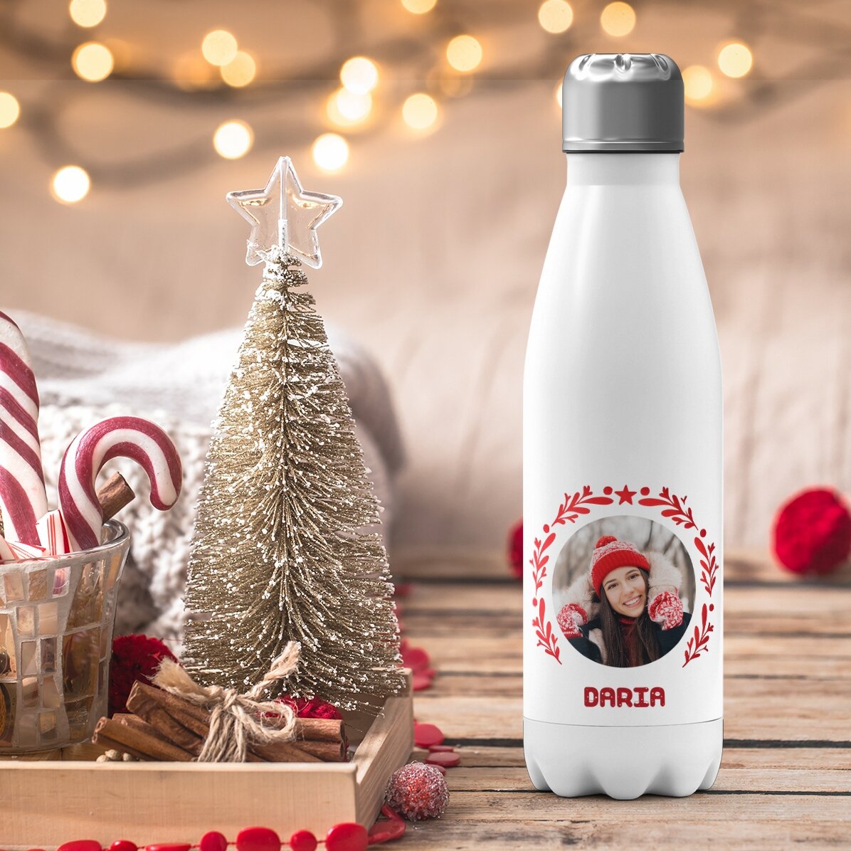 Thermos à base blanche personnalisé avec photo et texte - modèle Noël