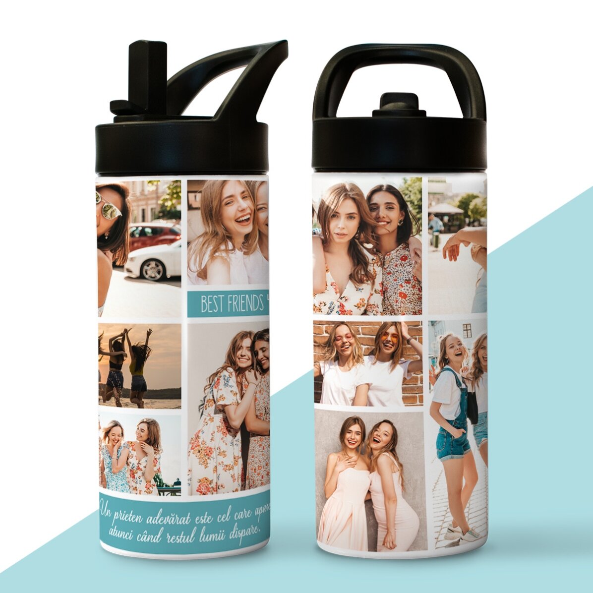 Thermos avec poignée et paille, personnalisé avec un collage de photos et un texte