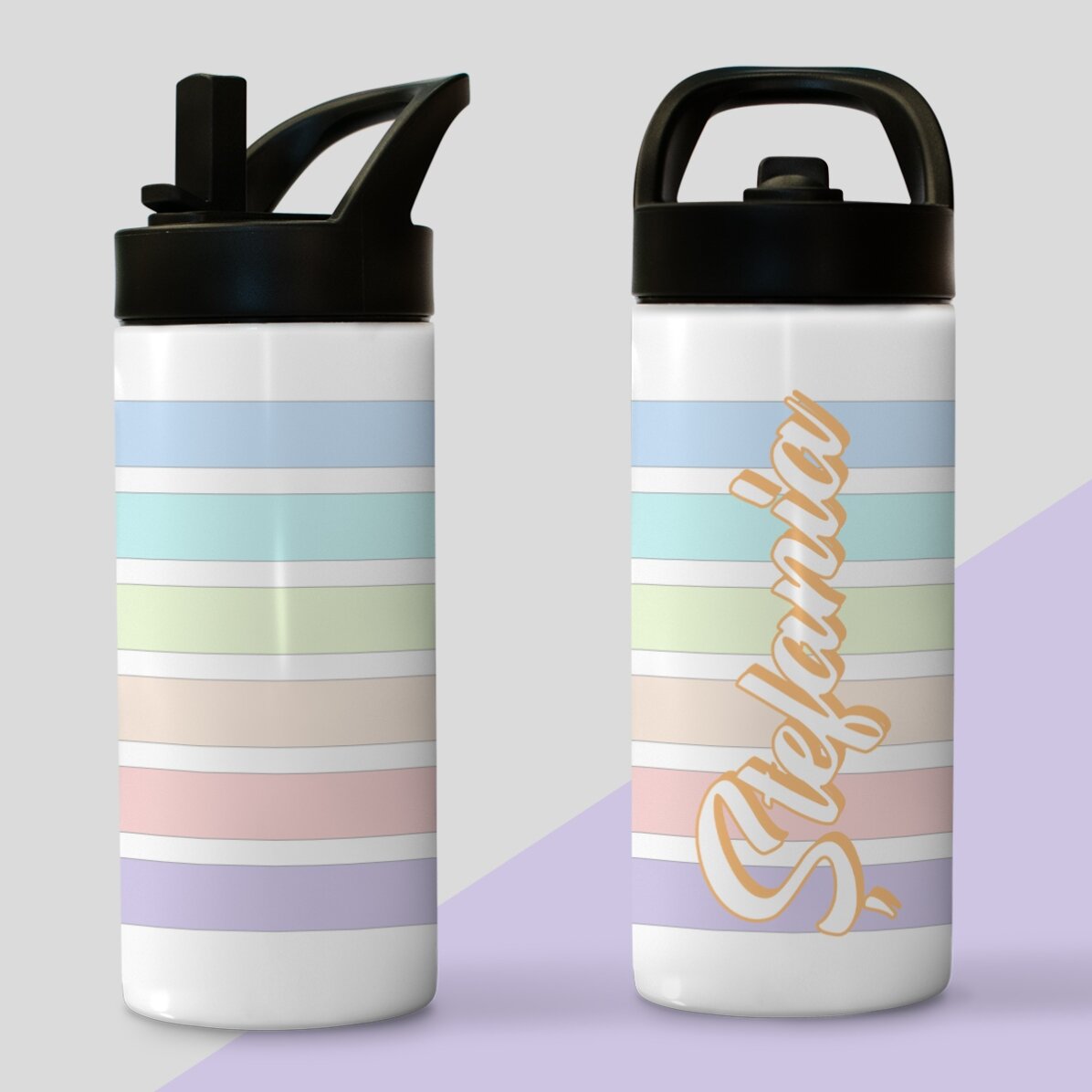 Thermosfles met handvat en rietje, gepersonaliseerd met naam - Kleurrijke strepen