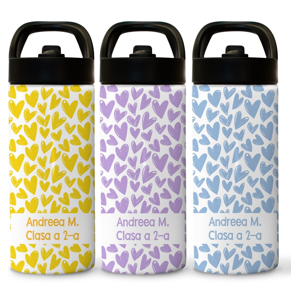 Thermos avec poignée et paille, personnalisé avec un prénom - Cœurs
