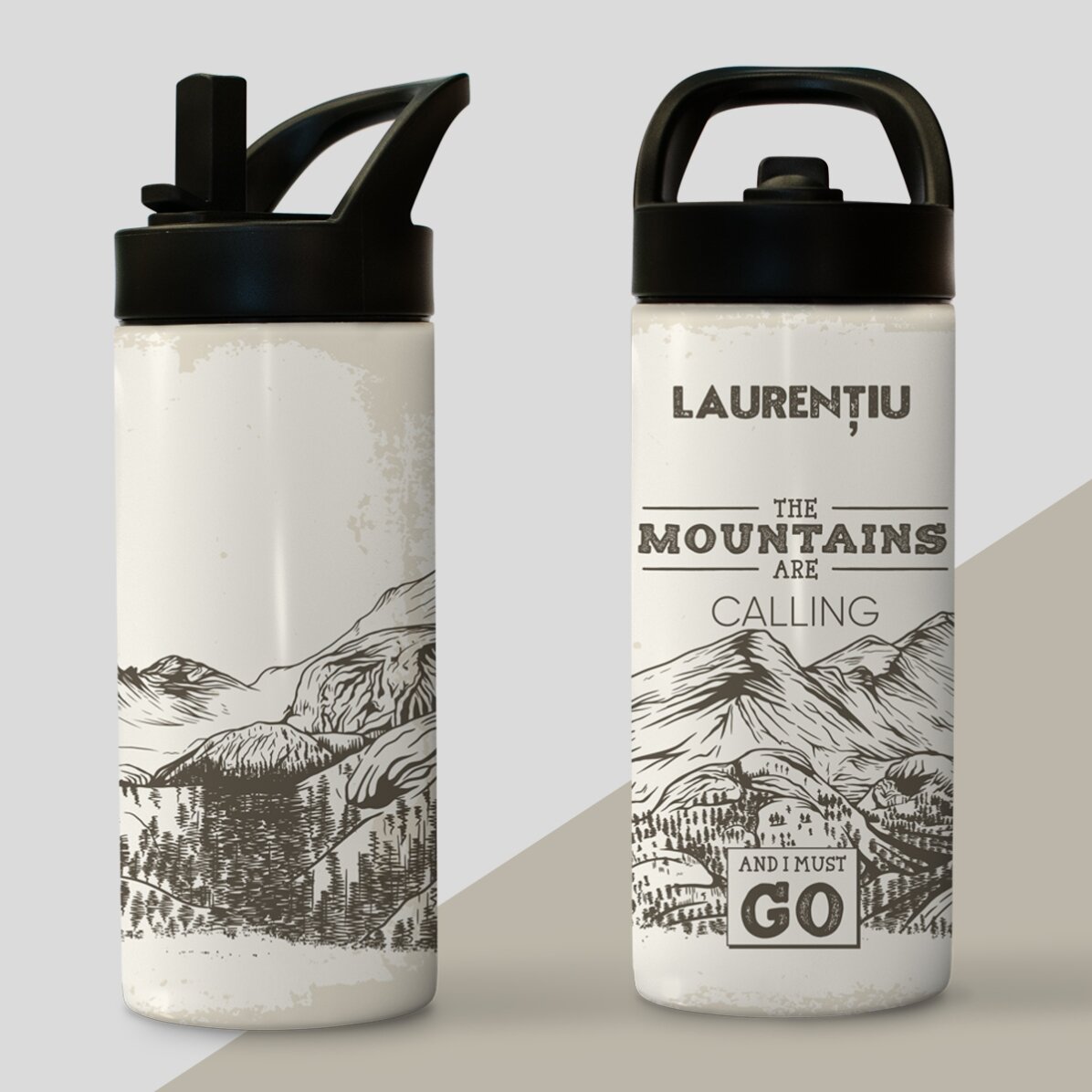 Thermos avec poignée et paille, personnalisé avec un prénom - Mountains are calling