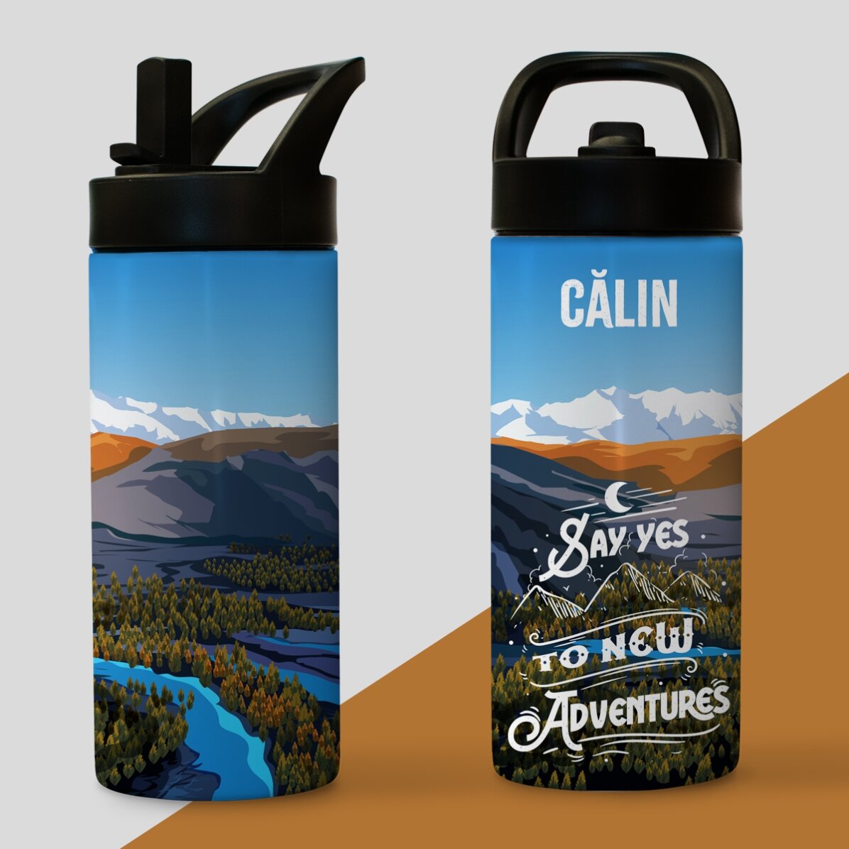 Thermosfles met handvat en rietje, gepersonaliseerd met naam - New adventures